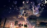  2girls balloon blonde_hair blue_eyes city city_lights clone cloud dress evening falling ferris_wheel hair_ribbon highres holding holding_balloon kagamine_rin lobelia_(saclia) looking_at_another multiple_girls night outdoors reaching reaching_out ribbon shoes short_hair sky smile thighhighs upside-down vocaloid 