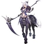  1girl animal_ears arm_guards armor bangs black_gloves breasts centaur choker circe_(clover_theater) cleavage clover_theater full_body fur_trim gloves hair_between_eyes hand_up holding holding_scythe hooves horse_ears looking_at_viewer medium_breasts medium_hair navel official_art sakanasoko scythe solo stomach taur transparent_background white_hair yellow_eyes 