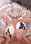  1boy 1girl armpits azur_lane bangs bare_shoulders between_breasts blush bow breast_hold breast_squeeze breasts censored cleavage closed_mouth commentary_request condom erection eyebrows_visible_through_hair flower grey_eyes hair_bow hair_flower hair_ornament halterneck hetero highres jewelry large_breasts long_hair lying mosaic_censoring nail_polish necklace nude o-ring o-ring_top official_alternate_costume on_back out_of_frame paizuri penis pillow pov sitting sweat takaharu vittorio_veneto_(azur_lane) vittorio_veneto_(the_flower_of_la_spezia)_(azur_lane) white_hair 