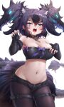  1girl animal_ear_fluff animal_ears aqua_eyes bare_shoulders big_hair black_hair black_shorts black_tube_top bone_necklace bow breasts cerberus_(kemono_friends) claw_pose cleavage collar collarbone commentary_request cutoffs dog_ears elbow_gloves extra_ears fangs fingerless_gloves fingernails gloves glowing glowing_hair groin hair_between_eyes hands_up highres kemono_friends large_breasts legwear_under_shorts looking_at_viewer lowleg lowleg_shorts midriff multicolored_hair navel open_mouth pantyhose purple_hair scar scar_across_eye scar_on_face short_shorts shorts sidelocks simple_background skindentation solo spiked_collar spikes stomach strapless tail tayuura_(kuwo) thigh_strap tube_top two-tone_hair two_side_up v-shaped_eyebrows white_background 
