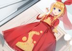  1girl absurdres bangs blonde_hair blunt_bangs blush braid bridal_veil chinese_commentary clothes_grab commentary_request dress eyebrows_visible_through_hair hand_up highres huge_filesize long_dress long_hair looking_at_viewer mononobe_alice nijisanji open_mouth red_dress sidelocks smile solo standing tied_hair veil virtual_youtuber yimiao 