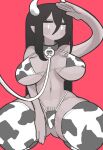  1girl animal_print arm_up bikini black_hair breasts breasts_apart cow_horns cow_print expressionless gashi-gashi hair_between_eyes highres horns large_breasts leash long_hair looking_at_viewer navel original print_bikini print_legwear red_background simple_background solo swimsuit thighhighs white_eyes white_horns 