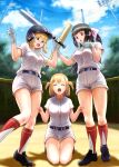  3girls :d :o bangs baseball_bat baseball_helmet black_footwear black_hair blonde_hair blunt_bangs bow breasts cleats dated day gloves green_eyes hair_bow hand_on_another&#039;s_thigh hand_up helmet highres holding holding_baseball_bat kawaguchi_yoshino kneehighs kneeling long_hair medium_breasts multiple_girls muscle_envy nakamura_nozomi_(tamayomi) oomura_shiragiku open_mouth oshiyon outdoors ponytail red_legwear shadow shirt short_sleeves shorts smile sportswear standing tamayomi two_side_up watermark white_gloves white_shirt white_shorts 