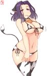  1girl alternate_costume animal_ears animal_print artist_logo bell bikini commentary_request covered_nipples cow_ears cow_horns cow_print cow_tail cowbell cowboy_shot dated fake_animal_ears fake_horns finger_to_mouth front-tie_top hair_intakes highres horns kanon_(kurogane_knights) kantai_collection looking_at_viewer lowleg lowleg_bikini micro_bikini navel one-hour_drawing_challenge parted_lips purple_eyes purple_hair short_hair side-tie_bikini simple_background solo swimsuit tail tatsuta_(kancolle) thighhighs white_background white_bikini 