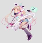  1girl ;) absurdres bangs blonde_hair blue_shorts blunt_bangs closed_mouth demon_girl demon_tail eyebrows_visible_through_hair full_body grey_background hand_up head_wings headphones headphones_around_neck highres long_hair looking_at_viewer muk_(monsieur) one_eye_closed original purple_eyes shoes shorts simple_background smile socks solo tail twintails white_footwear 