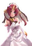  1girl bare_shoulders closed_mouth dress fate/apocrypha fate_(series) flower frankenstein&#039;s_monster_(fate) gloves heterochromia highres holding holding_flower looking_at_viewer pink_flower red_hair renzu_(lens_02) solo white_dress white_gloves 