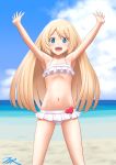  1girl arms_up artist_name badge beach bikini blonde_hair blue_eyes blue_sky cloud collarbone commentary_request cowboy_shot day flat_chest frilled_bikini frills heart highres jervis_(kancolle) kantai_collection long_hair looking_at_viewer navel outdoors sky smile solo standing swimsuit t2r white_bikini 