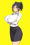  black_hair blush breast_rest breasts commentary_request crossed_arms dress_shirt large_breasts looking_at_viewer mature_female munashi_mujou netorase original pencil_skirt ponytail shiny shiny_hair shirt skin_tight skindentation skirt smile unbuttoned yellow_background 