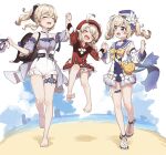  3girls :d ^_^ absurdres ahoge alternate_costume bangs barbara_pegg bare_shoulders beach beret black_bow blonde_hair bloomers blue_footwear blue_headwear blue_sailor_collar blue_sleeves blue_swimsuit blush bow breasts casual_one-piece_swimsuit closed_eyes commentary_request covered_navel detached_sleeves dress eyebrows_visible_through_hair flower genshin_impact hair_bow hat high-waist_shorts highres holding_hands jean_gunnhildr klee_(genshin_impact) legs long_sleeves medium_breasts multiple_girls official_alternate_costume one-piece_swimsuit open_mouth ponytail puffy_short_sleeves puffy_sleeves red_dress sailor_collar sailor_dress sand sandals shoes_removed short_shorts short_sleeves shorts smile swimsuit twintails underwear walking water white_background white_bloomers white_dress white_flower white_shorts white_sleeves yukie_(kusaka_shi) 