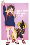  1boy 1girl 2020 aqua_eyes arm_up backpack bag bare_legs black_shirt black_shorts blonde_hair blue_sweater blush brown_hair english_text fang gashi-gashi grey_eyes hair_ornament hair_over_one_eye hairclip happy_new_year highres knit_sweater looking_at_viewer new_year open_mouth original plaid plaid_scarf ponytail purple_background red_footwear red_scarf red_shorts sandals scarf shirt shoes shorts smile spring_onion sweater 