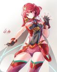  bangs black_gloves breasts chest_jewel earrings fingerless_gloves gem gloves headpiece highres jewelry l-phy large_breasts pyra_(xenoblade) red_eyes red_hair red_legwear red_shorts short_hair short_shorts shorts swept_bangs thighhighs tiara xenoblade_chronicles_(series) xenoblade_chronicles_2 