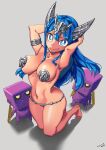  1girl alsea armlet arms_behind_head blue_eyes blue_hair breasts bright_pupils character_request collarbone commentary_request demon_girl kneeling large_breasts licking_lips long_hair looking_at_viewer navel original revealing_clothes shin_megami_tensei smile tongue tongue_out white_pupils 
