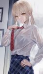  1girl artoria_pendragon_(all) blonde_hair blue_skirt collared_shirt curtains fate/stay_night fate_(series) hand_on_hip highres indoors long_sleeves looking_at_viewer meltymaple necktie plaid plaid_neckwear plaid_skirt red_neckwear saber_alter shirt skirt solo wet wet_clothes wet_shirt white_shirt window yellow_eyes 