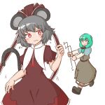  2girls animal_ears bangs black_footwear blue_capelet blush bow bright_pupils brown_bow brown_dress brown_ribbon capelet closed_mouth cosplay costume_switch dowsing_rod dress eyebrows_visible_through_hair frilled_ribbon frills front_ponytail green_eyes green_hair grey_dress grey_hair hair_bow hair_ribbon highres holding holding_clothes holding_dress jewelry kagiyama_hina kagiyama_hina_(cosplay) long_hair long_sleeves mizusoba mouse_ears multiple_girls nazrin nazrin_(cosplay) pendant red_eyes ribbon short_hair short_sleeves simple_background smile standing sweat touhou white_background white_pupils 