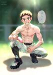  1boy bara belt black_footwear blurry blurry_background brown_eyes brown_hair cleats food grin kaworu_flower looking_at_viewer male_focus nipples ookiku_furikabutte outdoors popsicle shirtless smile speech_bubble tajima_yuuichirou thick_eyebrows toned toned_male translated watermark 