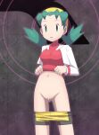  1girl absurdres bangs bar_censor bike_shorts bike_shorts_pull breasts censored clothes_lift commentary_request cropped_jacket darekku eyelashes green_eyes green_hair hair_tie highres hypnosis jacket kris_(pokemon) long_sleeves mind_control navel open_clothes open_jacket pokemon pokemon_(game) pokemon_gsc pussy shirt shirt_lift solo tied_hair twintails white_jacket yellow_headwear 