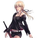  1girl applekun artoria_pendragon_(all) bangs belt belt_buckle black_jacket black_ribbon black_shirt black_shorts blonde_hair breasts buckle cleavage closed_mouth cowboy_shot excalibur_morgan_(fate) fate/grand_order fate_(series) floating_hair hair_between_eyes hair_ribbon highres jacket jet_black_king_of_knights_ver._shinjuku_1999 jewelry long_hair low_ponytail midriff navel necklace off_shoulder open_clothes open_jacket ribbon saber_alter shiny shiny_hair shirt short_shorts shorts simple_background sleeveless sleeveless_shirt small_breasts solo standing stomach sword weapon white_background white_belt yellow_eyes 