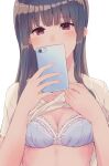  14sai_bishoujo_(shoutarou) 1girl blue_bra blue_hair blush bra breasts cleavage clothes_lift hibike!_euphonium highres holding holding_phone liz_to_aoi_tori long_hair looking_at_viewer phone red_eyes shirt shirt_lift short_sleeves simple_background solo underwear white_background white_shirt yoroizuka_mizore 