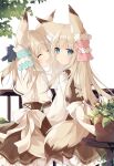  2girls :d ^_^ animal_ear_fluff animal_ears bangs blue_bow bow brown_dress brown_hair closed_eyes closed_mouth commentary_request dress eyebrows_visible_through_hair fox_ears fox_girl fox_tail hair_bow highres kushida_you light_brown_hair long_hair long_sleeves looking_at_viewer looking_back multicolored_hair multiple_girls open_mouth original plant potted_plant puffy_short_sleeves puffy_sleeves railing shirt short_sleeves simple_background sleeveless sleeveless_dress smile streaked_hair table tail very_long_hair white_background white_shirt 