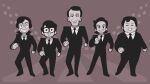  5boys black_hair black_neckwear black_suit collared_shirt drif_daibakushou formal gashi-gashi greyscale highres long_sleeves looking_at_viewer male_focus monochrome multiple_boys necktie no_nose parted_lips shirt short_hair smile standing suit white_shirt wide_shot 