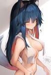  1girl absurdres animal_ear_fluff animal_ears arknights bangs blue_hair breasts closed_mouth colored_inner_hair completely_nude eyebrows_visible_through_hair highres long_hair looking_at_viewer medium_breasts multicolored_hair nude red_hair solo_focus tab_head tail texas_(arknights) towel towel_around_neck two-tone_hair video_camera wet wolf_ears wolf_tail yellow_eyes 