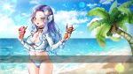 1girl bangs beach bikini bikini_under_clothes blue_hair blue_sky breasts cleavage cloud cloudy_sky coconut coconut_tree collared_shirt commentary commission cowboy_shot day english_commentary food food_on_breasts glint gradient_hair groin hair_ornament highres holding holding_food horizon ice_cream lens_flare long_hair medium_breasts menna_(0012) multicolored_hair navel ocean open_mouth original outdoors palm_tree parted_bangs purple_hair round_teeth sand shirt sky soft_serve solo standing striped striped_bikini swimsuit teeth tree upper_teeth very_long_hair water white_shirt yellow_eyes 