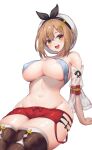  1girl areola_slip areolae atelier_(series) atelier_ryza bare_shoulders breasts brown_eyes brown_hair commentary_request covered_nipples detached_sleeves groin hair_ornament hairclip hat highres large_breasts leaning_back looking_at_viewer lowleg lowleg_shorts mahou_kyuuri navel red_shorts reisalin_stout see-through_sleeves short_hair short_shorts shorts simple_background sitting smile solo thighhighs white_background white_headwear 