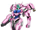 1girl absurdres adapted_costume arm_cannon boobplate breasts clenched_hand crossover d.va_(overwatch) energy_cannon facial_mark helmet highres large_breasts meka_(overwatch) metroid nikunigushii overwatch pink_armor power_armor power_suit solo standing thrusters varia_suit weapon whisker_markings white_background 