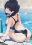  1girl ass back bangs bare_shoulders black_hair black_swimsuit blue_eyes blush breasts commentary_request competition_swimsuit goggles goggles_removed gridman_universe highleg highleg_swimsuit highres large_breasts long_hair looking_at_viewer looking_back one-piece_swimsuit parfaitlate pool pool_ladder poolside solo ssss.gridman swimsuit takarada_rikka thighs water wet 