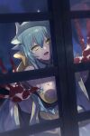  1girl against_glass against_window bikini blood blood_on_face bloody_hands blush bow breast_press breasts breasts_on_glass dragon_girl dragon_horns echo_(circa) eyebrows_visible_through_hair fate/grand_order fate_(series) frilled_bikini frills green_hair hair_between_eyes hair_bow horns japanese_clothes kimono kiyohime_(fate) kiyohime_(swimsuit_lancer)_(fate) long_hair looking_at_viewer medium_breasts multiple_horns obi off_shoulder open_mouth sash solo swimsuit wide_sleeves window yandere yellow_bikini yellow_bow yellow_eyes yellow_swimsuit 