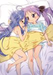  2girls =_= ahoge bangs bare_arms bare_shoulders barefoot black_ribbon blanket blue_hair blush closed_eyes closed_mouth collarbone commentary_request eyebrows_visible_through_hair green_shirt hair_ribbon head_on_pillow highres hiiragi_kagami ichimi_renge izumi_konata light_rays long_hair looking_at_another lucky_star lying mouth_drool multiple_girls on_back on_bed on_side open_mouth pillow purple_eyes purple_hair ribbon second-party_source shiny shiny_hair shiny_skin shirt short_sleeves sleeping smile sunbeam sunlight tank_top toes twintails very_long_hair white_tank_top yuri 