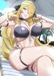  1girl absurdres bangs bare_shoulders bikini black_bikini blonde_hair breasts cleavage collarbone crossed_legs cynthia_(pokemon) grey_eyes hair_ornament hair_over_one_eye highres large_breasts long_hair looking_at_viewer pokemon pokemon_(game) pokemon_dppt sitting slept_(re_mix) smile swimsuit thighs 