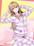  1girl absurdres arms_up bangs barefoot bright_pupils brown_eyes drawstring headphones highres hood hood_down ienaga_mugi long_hair looking_at_viewer loungewear nijisanji orange_hair pants parted_lips shadow smile solo striped striped_jacket striped_pants tanaka_hirotaka virtual_youtuber white_pupils 