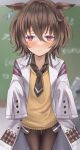  1girl :t agnes_tachyon_(umamusume) animal_ears black_legwear black_neckwear blurry blush brown_hair chalkboard cobra_(cobra_63) commentary cowboy_shot depth_of_field highres horse_ears labcoat necktie pantyhose red_eyes short_hair sleeves_past_wrists solo symbol_commentary tearing_up umamusume vest yellow_vest 