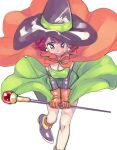  1girl amezawa_koma blush breasts cape cleavage clothes_pull dragon_quest dragon_quest_iii dress dress_tug earrings embarrassed gloves green_dress hat holding holding_staff jewelry mage_(dq3) open_mouth orange_cape orange_gloves purple_eyes red_hair shoes short_hair solo staff sweat wide-eyed wind wind_lift witch_hat 