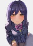  1girl amog bangs blazer blue_hair cum cum_in_mouth eyebrows_visible_through_hair jacket looking_at_viewer mole mole_under_eye nijisanji school_uniform shizuka_rin short_hair solo swallowing virtual_youtuber 