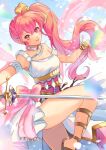  1girl alternate_costume bangs bracelet dancer dancer_(three_houses) dress fire_emblem fire_emblem:_mystery_of_the_emblem hair_ribbon highres holding holding_sword holding_weapon jewelry lips long_hair looking_at_viewer necklace phina_(fire_emblem) pink_eyes pink_hair ponytail ribbon solo sword thighs wawatiku weapon 