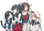  4girls bangs black_gloves blue_hair breasts brown_hair character_name clenched_hands closed_eyes closed_mouth flat_cap gloves grin hair_ribbon hammer_and_sickle hat headgear hibiki_(kancolle) kantai_collection long_hair long_sleeves low_twintails maya_(kancolle) mido006 multiple_girls neckerchief open_mouth ponytail red_neckwear ribbon school_uniform short_hair sidelocks silver_hair simple_background skirt sleeveless smile suzukaze_(kancolle) twintails verniy_(kancolle) white_background white_gloves white_headwear yahagi_(kancolle) 