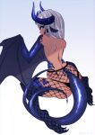  absurdres bare_back bare_shoulders blue_eyes commission commissioner_upload dark-skinned_female dark_skin dragon dragon_girl fishnet_legwear fishnets highres horns long_hair md5_mismatch mirra monster_girl original pinup_(style) pointy_ears tail vincher_art white_hair winged_arms wyvern 