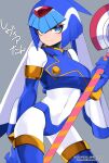  1girl android blue_eyes blue_hair bodysuit boots breasts character_name closed_mouth gloves grey_background helmet highres holding holding_weapon leviathan_(mega_man) looking_at_viewer mega_man_(series) mega_man_zero mikhail_kitto polearm simple_background smile solo spear standing thigh_boots thighhighs twitter_username weapon 