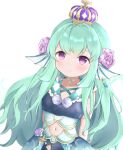  1girl arms_behind_back bangs breasts clothing_cutout collarbone crown eyebrows_behind_hair finana_ryugu flower green_hair hair_flower hair_ornament hakana_hakana head_fins highres leaning_to_the_side long_hair looking_up navel navel_cutout nijisanji nijisanji_en purple_eyes purple_flower seashell shell small_breasts smile solo starfish virtual_youtuber white_background 