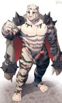  1boy 8da_(29204249) abs animal_ears arknights bara bare_pectorals bulge erection full_body furry highres jacket jacket_on_shoulders large_pectorals male_focus mountain_(arknights) muscular muscular_male navel nipples nude pectorals scar scar_across_eye scar_on_chest scar_on_leg short_hair solo stomach tiger_boy tiger_ears uncensored white_fur white_hair 