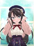  1girl beret blue_headwear blush brown_hair commentary_request green_eyes hat hololive ixy long_hair long_sleeves looking_at_viewer meme_attire oozora_subaru open_mouth red_neckwear red_ribbon ribbon solo star_(symbol) virgin_killer_outfit virtual_youtuber 