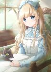  1girl alice_(alice_in_wonderland) alice_in_wonderland animal_on_lap bangs black_cat blonde_hair blue_dress blue_eyes blue_ribbon blurry blurry_background cat cat_on_lap chair commentary day dress eyebrows_visible_through_hair hair_ribbon hand_on_lap highres hoshiibara_mato indoors lace-trimmed_collar lace_trim light_particles light_rays long_hair long_sleeves looking_at_viewer original pinafore_dress ribbon shirt sitting smile solo sunbeam sunlight tree very_long_hair white_dress window 