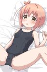  1girl bangs bare_arms bare_shoulders bed_sheet black_swimsuit blush breasts brown_eyes brown_hair cameltoe collarbone commentary_request covered_navel eyebrows_visible_through_hair feet_out_of_frame hair_between_eyes hand_up highres hippo_(hirople) ichinose_hana looking_at_viewer lying old_school_swimsuit on_back one-piece_swimsuit one_side_up parted_lips pillow school_swimsuit short_hair slow_start small_breasts solo spread_legs swimsuit 