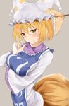  1girl 258n animal_ears annoyed arm_under_breasts blonde_hair blush breasts chopsticks dress food fox_ears fox_tail grey_background hand_up hat highres large_breasts looking_at_viewer multiple_tails pillow_hat short_hair simple_background solo tabard tail touhou upper_body v-shaped_eyebrows wavy_mouth white_dress yakumo_ran 