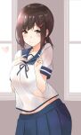  1girl absurdres alternate_breast_size blush breasts brown_eyes brown_hair commentary_request fubuki_(kancolle) hair_ornament hairclip heart highres kantai_collection large_breasts long_hair looking_at_viewer midriff_peek ponytail saku_(kudrove) school_uniform serafuku skirt smile solo 