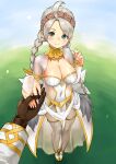  1boy 1girl absurdres ahoge alternate_costume bangs blue_eyes bodystocking braid breasts bridal_gauntlets closed_mouth cosplay fire_emblem fire_emblem_fates fire_emblem_heroes gloves hairband highres holding_hands huge_filesize igni_tion kiran_(fire_emblem) large_breasts looking_at_viewer male_hand md5_mismatch nail_polish nina_(fire_emblem) resolution_mismatch silver_hair smile source_smaller tharja_(fire_emblem) tharja_(fire_emblem)_(cosplay) twin_braids white_nails 