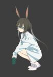  1girl absurdres amiya_(arknights) animal_ears arknights blue_eyes brown_background brown_hair bunny_ears full_body hair_between_eyes highres holding looking_at_viewer olys ponytail shirt shoes short_hair_with_long_locks simple_background solo squatting white_footwear white_shirt 