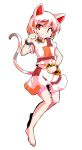  1girl alphes_(style) animal_ears bangs barefoot bell cat_ears cat_tail closed_mouth dairi eyebrows_visible_through_hair goutokuji_mike hair_between_eyes hand_up legs multicolored multicolored_clothes multicolored_skirt neck_bell orange_eyes parody shirt short_hair skirt smile solo standing style_parody t-shirt tachi-e tail touhou transparent_background unconnected_marketeers white_hair 